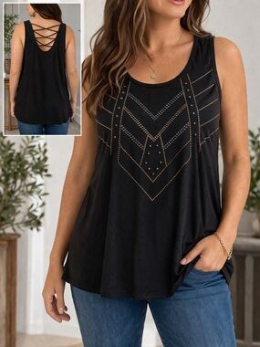 Apt 9 Black Rhinestone StuddedTank Top Stretch Swing Fit Strappy Back Dressy